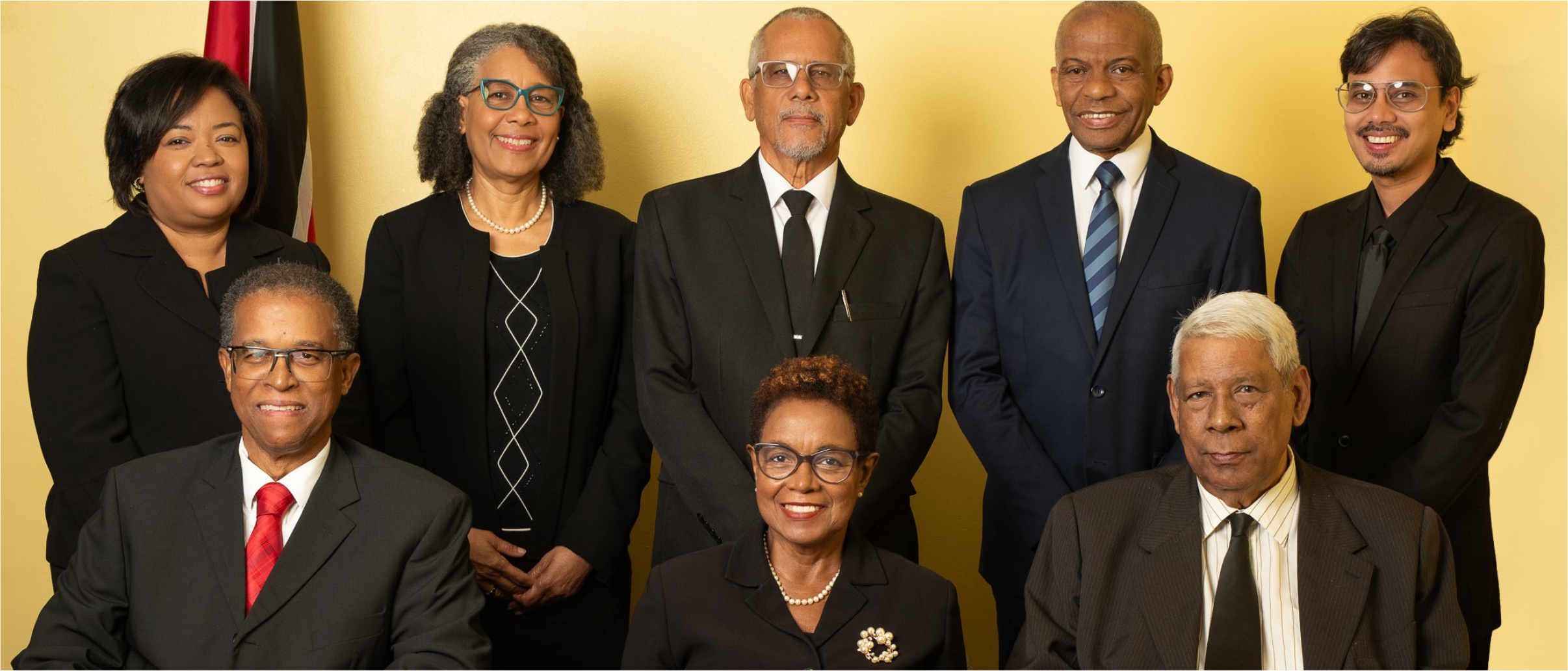 (Seated from left) His Honour Mr. Herbert Soverall, Vice President; Her Honour Mrs. Heather Seale, President and His Honour Mr. Lawrence Achong, Chairman of the Essential Services Division  (Standing from left) Her Honour Mrs. Caron London, Her Honour Ms. Stephanie Fingal, His Honour Mr. Mario Als, His Honour Mr. Glenn Wilson and His Honour Mr. Peter Ramkissoon